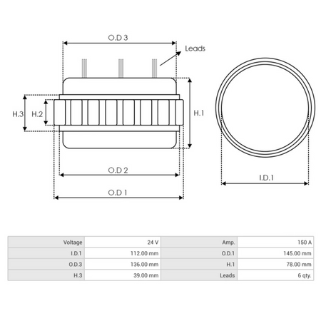 AS0090 BOSCH alternator stator 0124655181, 0124655182, 0124655305 24V 150A dimensions